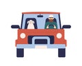 Cartoon male driver with dog on car vector flat illustration. Colorful man and cute domestic animal ride on red