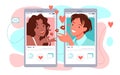 Cartoon male female hands holding phones with dating chat app on screen and portraits of young man and woman isolated on Royalty Free Stock Photo