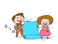 Cartoon Male and Female Singers with Parchment Banner Vector