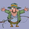 Cartoon male fisherman with a fishing rod shows off a catch