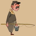 Cartoon male fisherman standing with fishing rod in his hand and an empty bucket