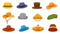 Cartoon male hats. Isolated gentleman hat, vintage and trendy stylish head accessories. Fabric and straw caps, cylinder