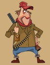 Cartoon male hunter with a double barreled rifle and cartridge