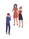 Cartoon male photographer shooting two female model vector flat illustration. Man photographing posing woman character