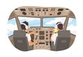 Cartoon male pilot cockpit plane with control board vector graphic illustration. Back view airplane captain command of