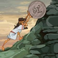 Cartoon male Sisyphus rolls a coin up the hill