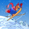 Cartoon male skier flies from a snowy mountain
