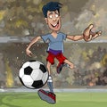 Cartoon male soccer player running with a ball across the field