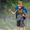 Cartoon male tourist with backpack joyfully shows his hand to the side