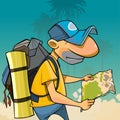 Cartoon male tourist with backpack looking to the map