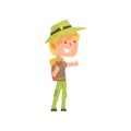 Cartoon male traveler hitchhiker with hat and backpack, man trying to stop a car on a highway by hand, travelling by