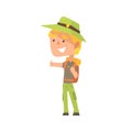 Cartoon male traveler hitchhiker with hat and backpack, man trying to stop a car on a highway by hand, travelling by