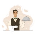 Cartoon male waiter hold dish closed with cloche