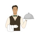 Cartoon male waiter hold dish closed with cloche