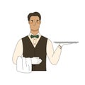 Cartoon male waiter holding empty serving tray Royalty Free Stock Photo