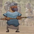 Cartoon male warrior with a spear on the background of stone ruins