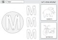 Cartoon mammoth and motorcycle. Alphabet tracing worksheet: writ