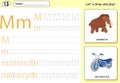 Cartoon mammoth and motorcycle. Alphabet tracing worksheet