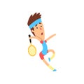 Cartoon man in action with racket in hand ready to hit tennis ball. Guy wearing sportswear. Summer Olympic game. Flat Royalty Free Stock Photo