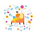 Cartoon Man Armchair Notebook Browse Social Media