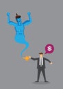 Cartoon Man Asks for Money from Magic Lamp Genie Royalty Free Stock Photo