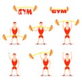 Cartoon man barbell exercises: squat, deadlift, overhead press. Royalty Free Stock Photo