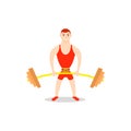 Cartoon man barbell exercises: squat, deadlift, overhead press. Royalty Free Stock Photo