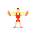 Cartoon man barbell exercises squat, deadlift, overhead press. Royalty Free Stock Photo