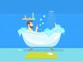 Cartoon Man in Bathroom Bathtub with Foam Hygiene Concept. Vector