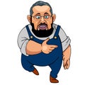 Cartoon man with a beard wearing glasses in blue overalls