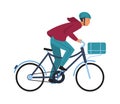 Cartoon man on bicycle. Simple character in casual clothes and helmet rides on bike, cyclist guy healthy leisure