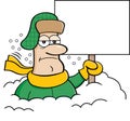 Cartoon man buried in snow and holding a blank sign.