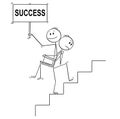 Cartoon of Man or Businessman Carrying Another Man or Boss With Success Sign Upstairs