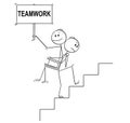 Cartoon of Man or Businessman Carrying Another Man or Boss With Teamwork Sign Upstairs