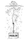 Cartoon of Man or Businessman Drowning With Problem Stone or Concrete Weight Chained to His Leg