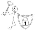 Cartoon of Man or Businessman With Locked Shield and Holding a Key as Password and Internet Security Metaphor Royalty Free Stock Photo