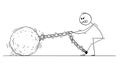 Cartoon of Man or Businessman Pulling Big Iron Ball Chained to His Leg