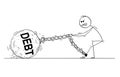 Cartoon of Man or Businessman Pulling Big Iron Ball With Dept Text Chained to His Leg