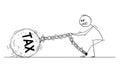 Cartoon of Man or Businessman Pulling Big Iron Ball With Tax Text Chained to His Leg