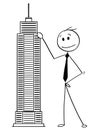 Cartoon of Man or Businessman Standing With Skyscraper Building Model