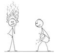 Cartoon of Man or Businessman Thinking Hard With Flames Coming From Head, Another Man With Bucket of Water is Ready to