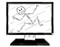 Cartoon of Man or Businessman Trapped Inside of Computer Display or Screen