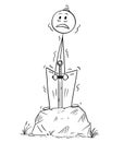 Cartoon of Man or Businessman Trying to Pull the Excalibur Sword From the Stone