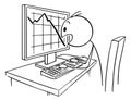 Cartoon of Man or Businessman Watching in Panic Falling Graph or Chart on Computer Screen