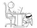 Cartoon of Man or Businessman Working on Computer While Hacker is Stealing His Data