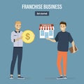Cartoon man buyer with money buys ready-made business. Businessman offer franchises and licenses