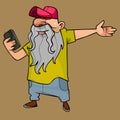 Cartoon man in a cap and with a long gray beard looks at the phone pointing to the side