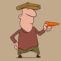Cartoon man in cap takes aim with carrot in hand