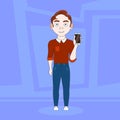 Cartoon Man In Casual Clothes Hold Cell Smart Phone Over Abstract Blue Background Royalty Free Stock Photo