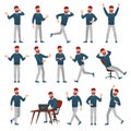 Cartoon man in casual outfit. Male character in different poses, walking guy and standing man vector illustration set